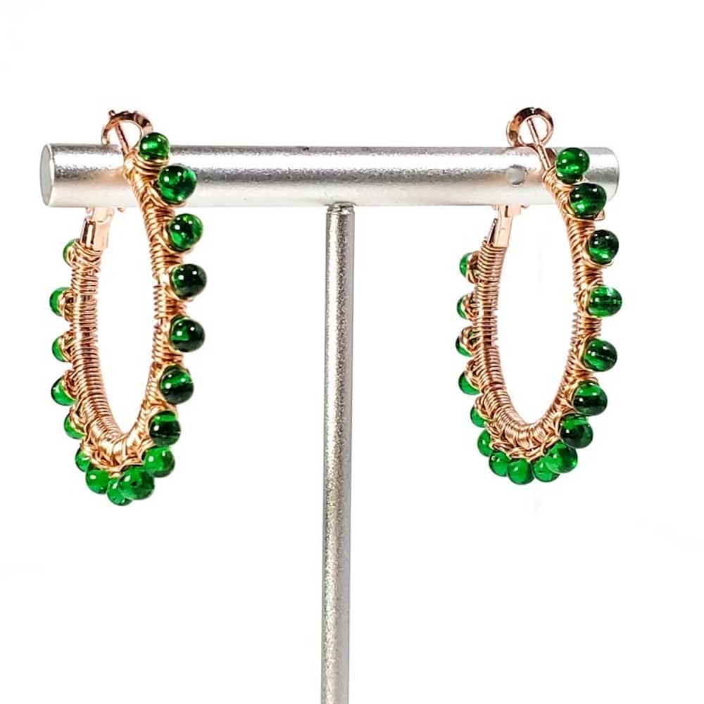 Artisan Green & Copper Wire Wrapped Hoop Earrings - Picture 7 of 7